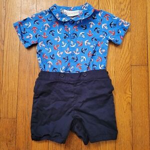 Rachel Riley Nautical Anchor Print Shirt Navy Shorts Set Baby Toddler 18M Gift
